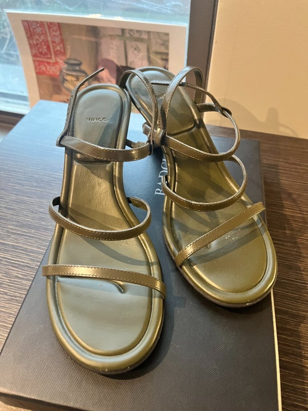 Vince Olive Color Sandel Heels, Good Condition, Size 8.5